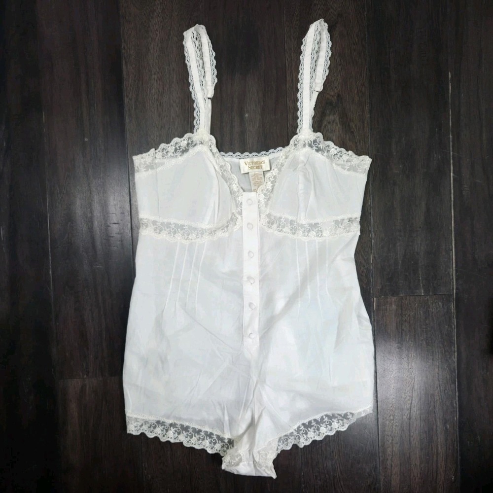 Vtg Victorias Secret Gold Label White Cotton & Lace Romper Teddy Medium 80s Rare